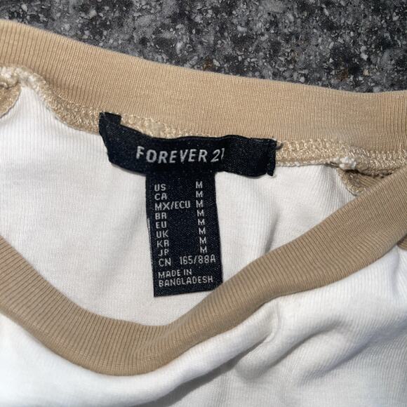 Forever 21 cropped raglan tee, 'Liberty Motors '88' graphic. Size M, white/tan, - Picture 3 of 7